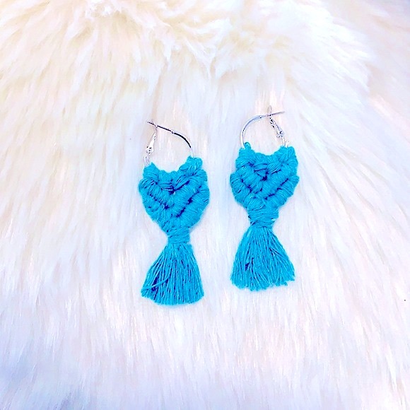 🆕*Macrame Earrings Handmade Teal Cotton Macrame Silver Hoops 4 Bohemian Goddess - Picture 4 of 16